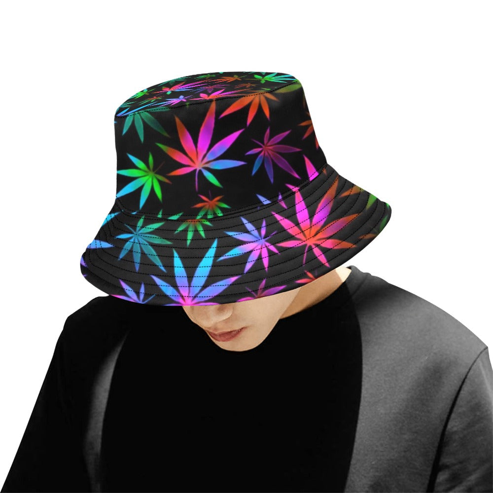 Black Rainbow Weed Print Bucket Hat | UV Blacklight Reactive