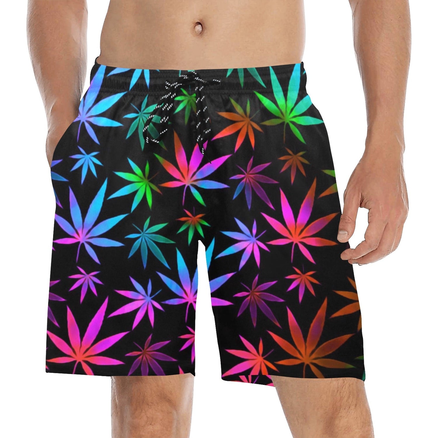 Black Rainbow Weed Print Swim Shorts