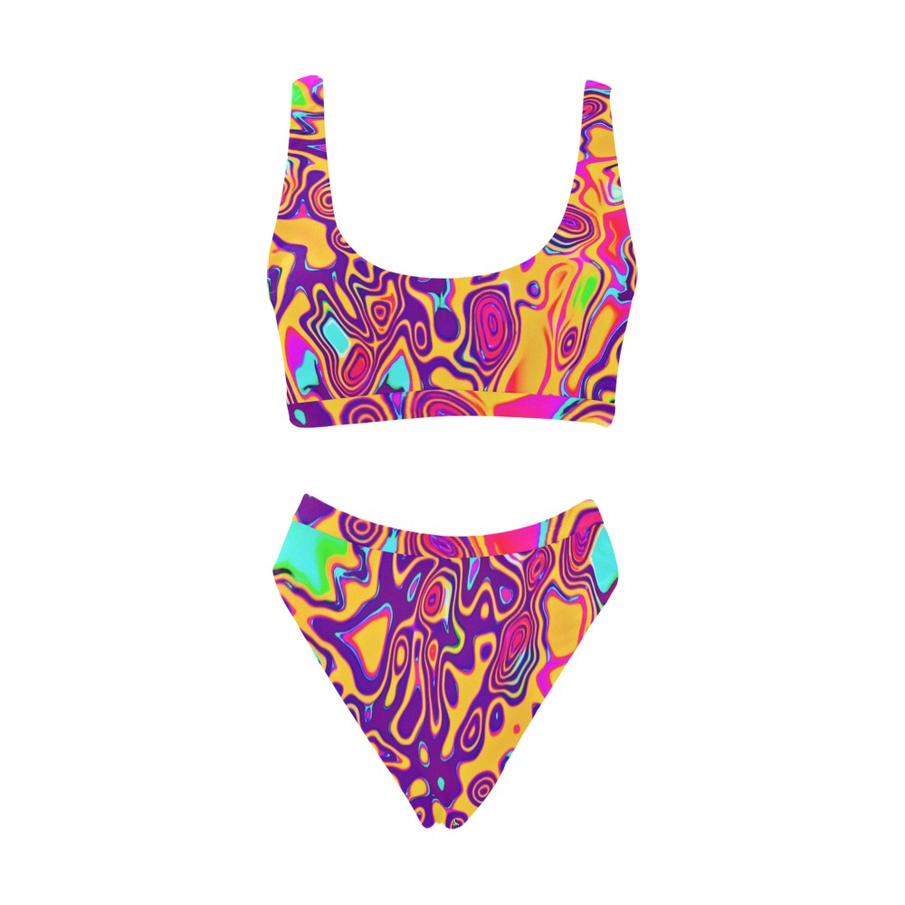 Retro Psychedelic Plasma Blast Sport Top & High-Waisted Bikini Swimsuit / Rave Set