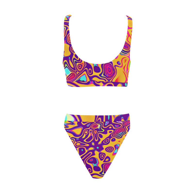 Retro Psychedelic Plasma Blast Sport Top & High-Waisted Bikini Swimsuit / Rave Set