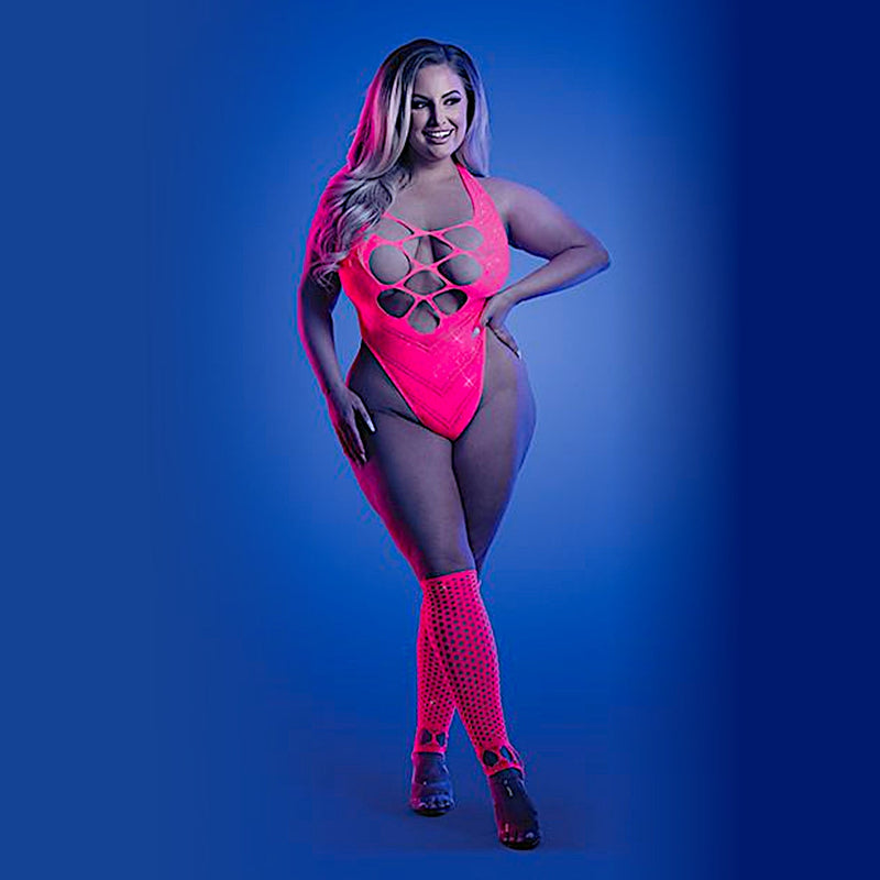 Glow Flashback Rhinestone Fishnet Teddy with Gloves