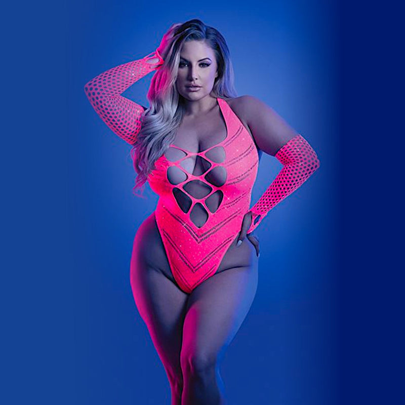 Glow Flashback Rhinestone Fishnet Teddy with Gloves
