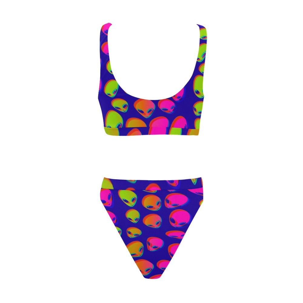 Neon Alien Blast Sport Top & High-Waisted Bikini Swimsuit / Rave Set | UV Blacklight Reactive