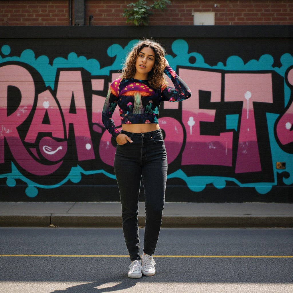 Playful Mushroom Long-Sleeve Crop Top for Festivals