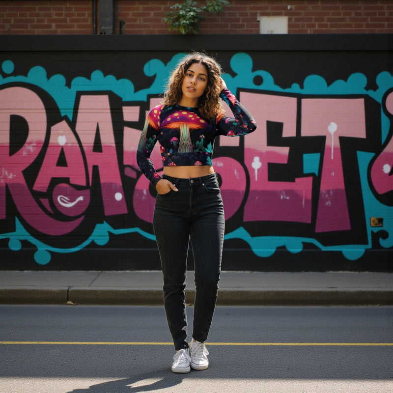 Playful Mushroom Long-Sleeve Crop Top for Festivals