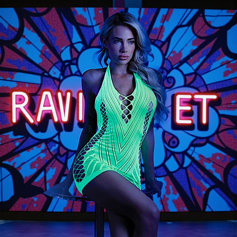 Glow Black Light Fishnet Halter Dress