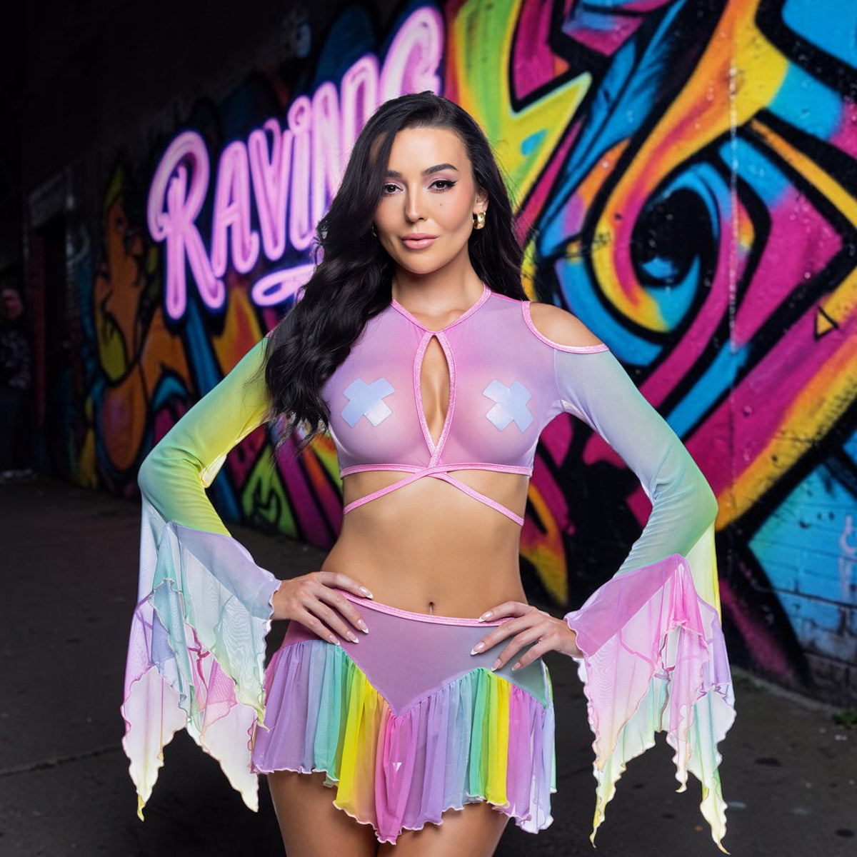 Rainbow Mesh Flow Top & Skirt Set
