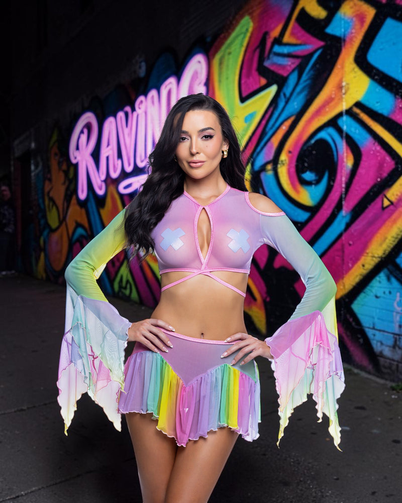 Rainbow Mesh Flow Top & Skirt Set