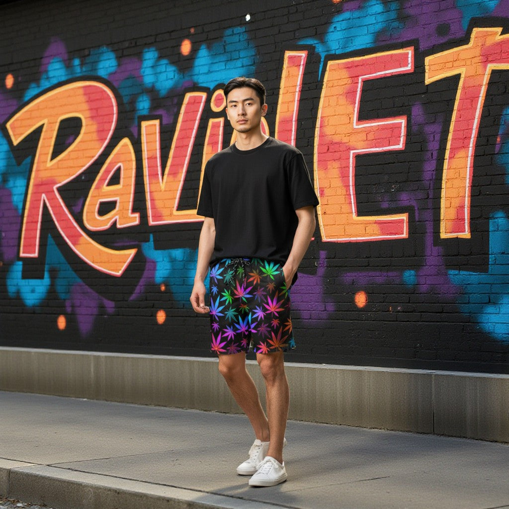 Black Rainbow Weed Print Swim Shorts