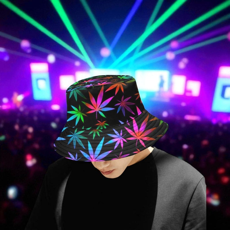 Black Rainbow Weed Print Bucket Hat | UV Blacklight Reactive